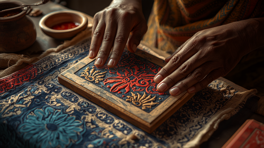 Ajrakh block printing — an artisan hand-stamping indigo and crimson Ajrakh print onto handwoven cotton in Kutch, Gujarat, for House of Falguni