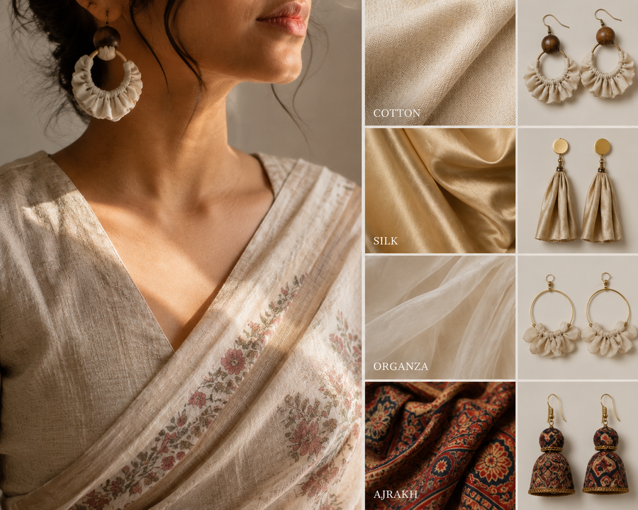 Fabric drop earrings matched to saree fabric — cotton, silk, organza and Ajrakh swatches beside four House of Falguni earring styles, worn with a cream saree