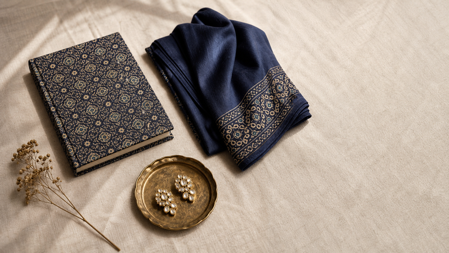 Handcrafted retirement gift — a block-print journal, Ajrakh silk stole and kundan earrings arranged as a keepsake — House of Falguni
