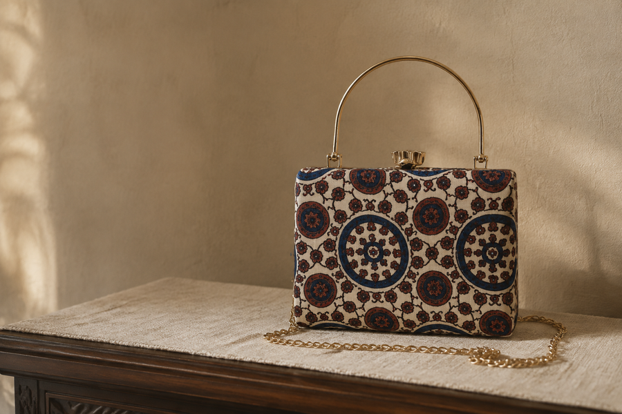 Aaina ivory, indigo and maroon patterned Mashru silk handbag on a textile-covered console