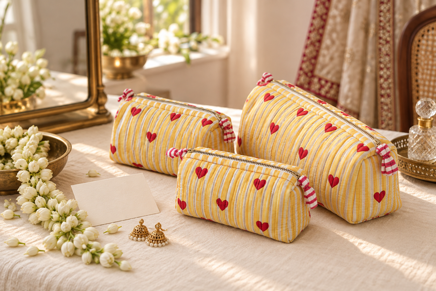 Three yellow striped Sunehri quilted pouches with red hearts on a bridal dressing table.
