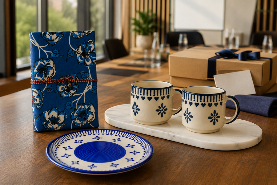 HOF Katha diary, Saanjh cups, Quiet Table marble tray and Heritage Blue plate curated for corporate gifting