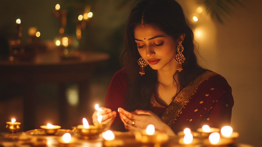 Modern Indian woman in a rich maroon handcrafted kurta lighting Diwali diyas — Indo-western festive outfit by House of Falguni