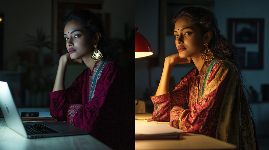 Woman styling one Indo-western kurti from office desk to festive evening — day-to-night ethnic wear by House of Falguni