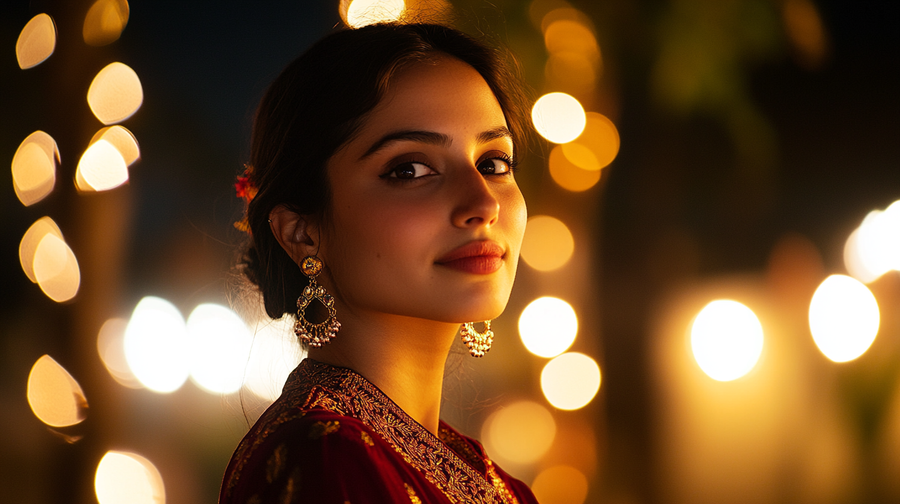 Young Indian woman in a handcrafted maroon ikat kurta at an evening wedding function — Indo-western wedding guest look by House of Falguni