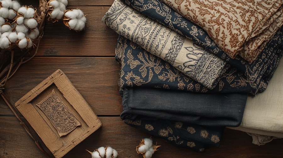 Flat-lay of ethnic-wear fabrics — cotton, modal silk, handwoven ikat and ajrakh block print — by House of Falguni