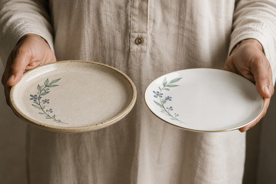 Hands holding a speckled stoneware plate and a fine gold-rimmed bone china plate side by side to compare weight and thickness