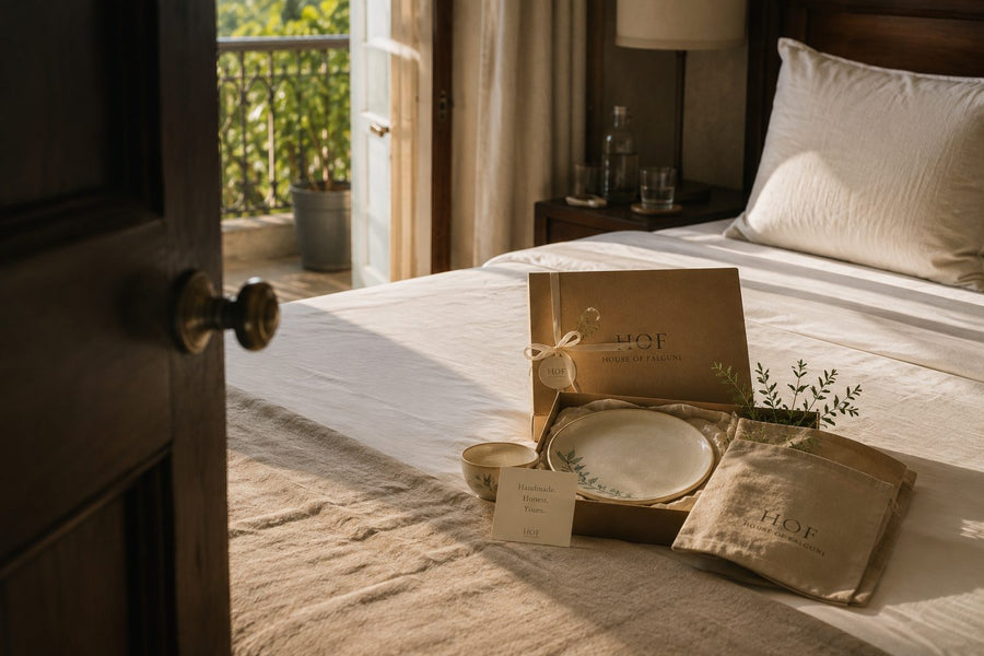 Open House of Falguni welcome hamper waiting on a hotel bed in morning light with the room door ajar