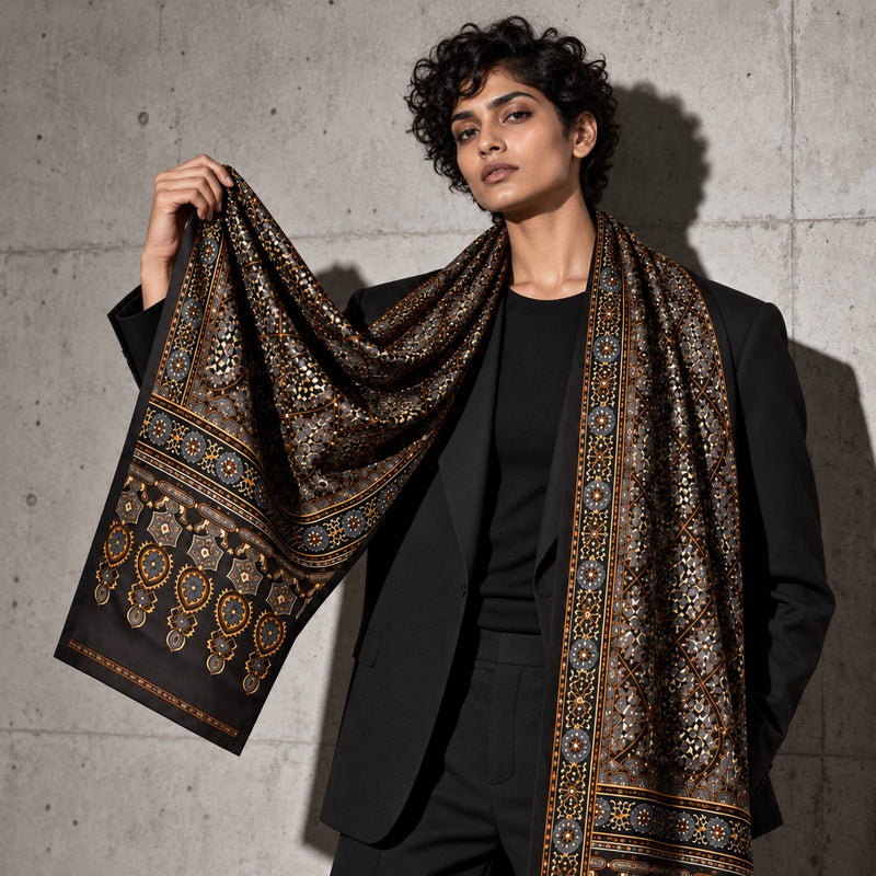 Black and ochre printed stole draped over a black blazer