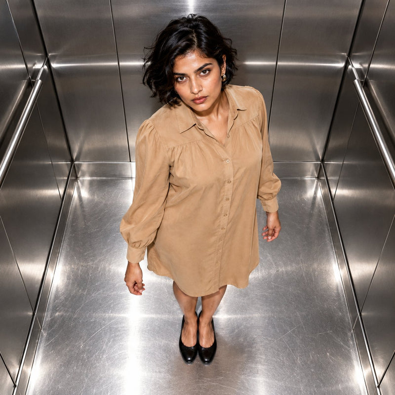 Beige long-sleeve shirt dress worn with black flats