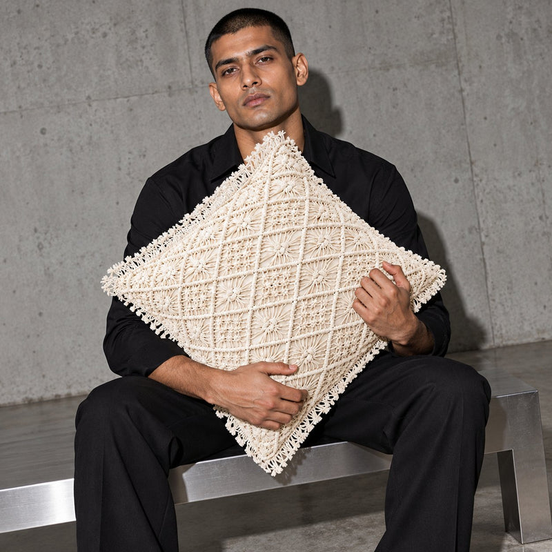 Ivory crochet cushion cover with tassel trim