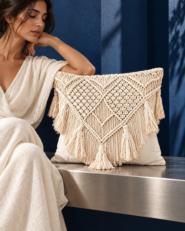 Jaali Tufted Cushion Covers, Set of 2, Ivory Geometric Throw Pillow Covers (16x16) held by a model seated on a steel bench against blue (AI-generated styling image)