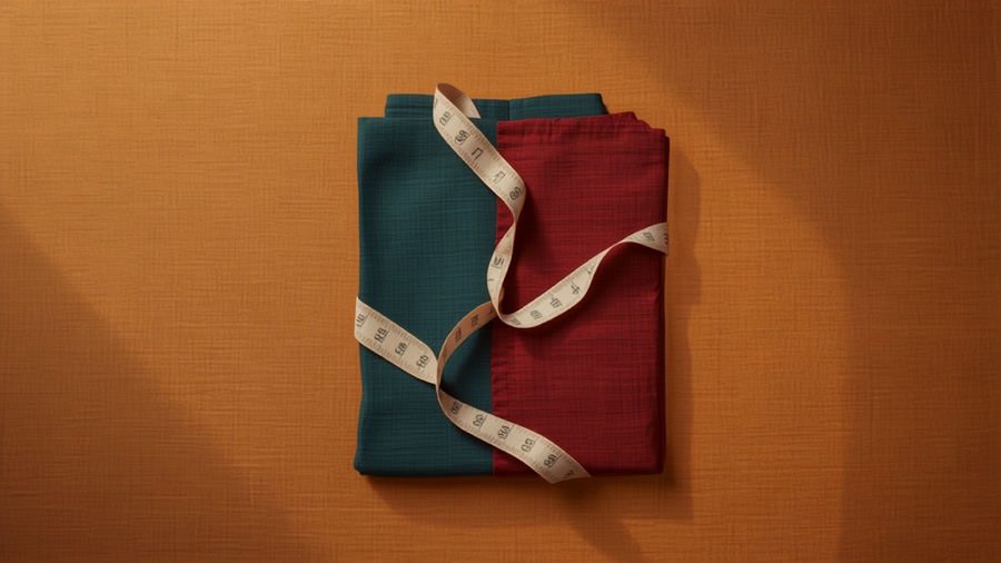 House of Falguni kurti size guide — folded handcrafted cotton kurtis with a cloth measuring tape, flat-lay
