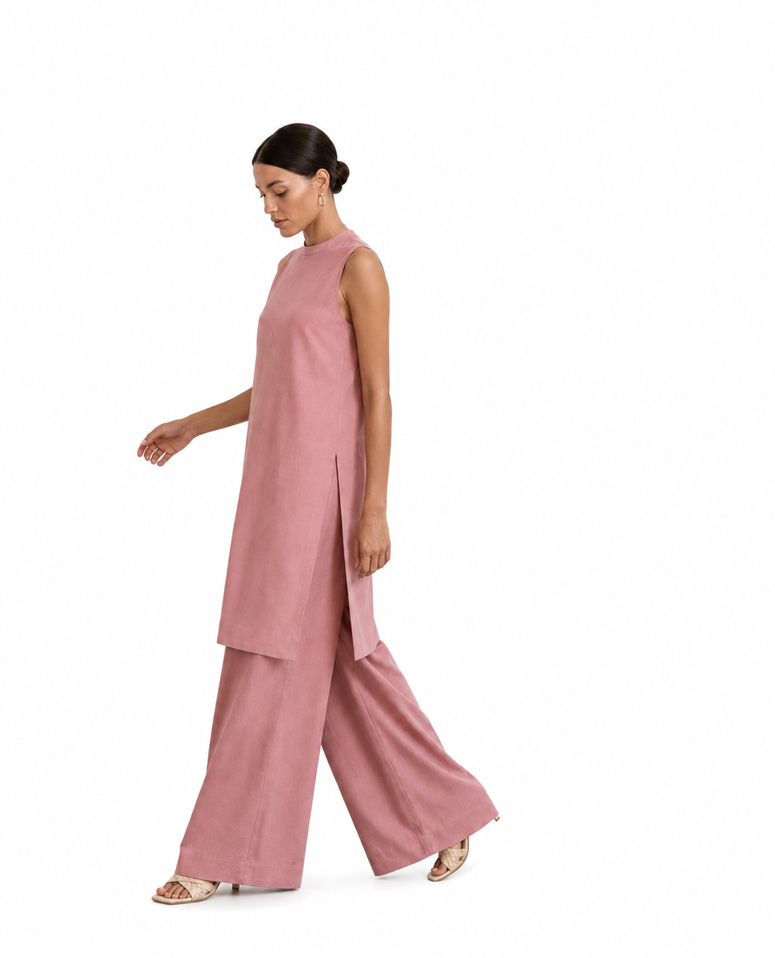 What earrings to wear with a co-ord set — blush pink Gulshan halter-neck ethnic fusion set styled with handcrafted earrings, House of Falguni
