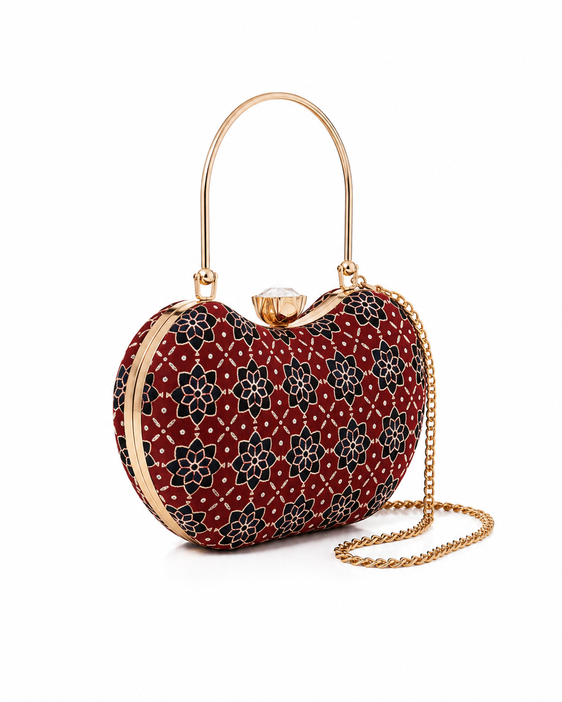 Laal Noor red, black and ivory Ajrakh Mashru silk frame clutch with gold-tone arched handle and chain strap