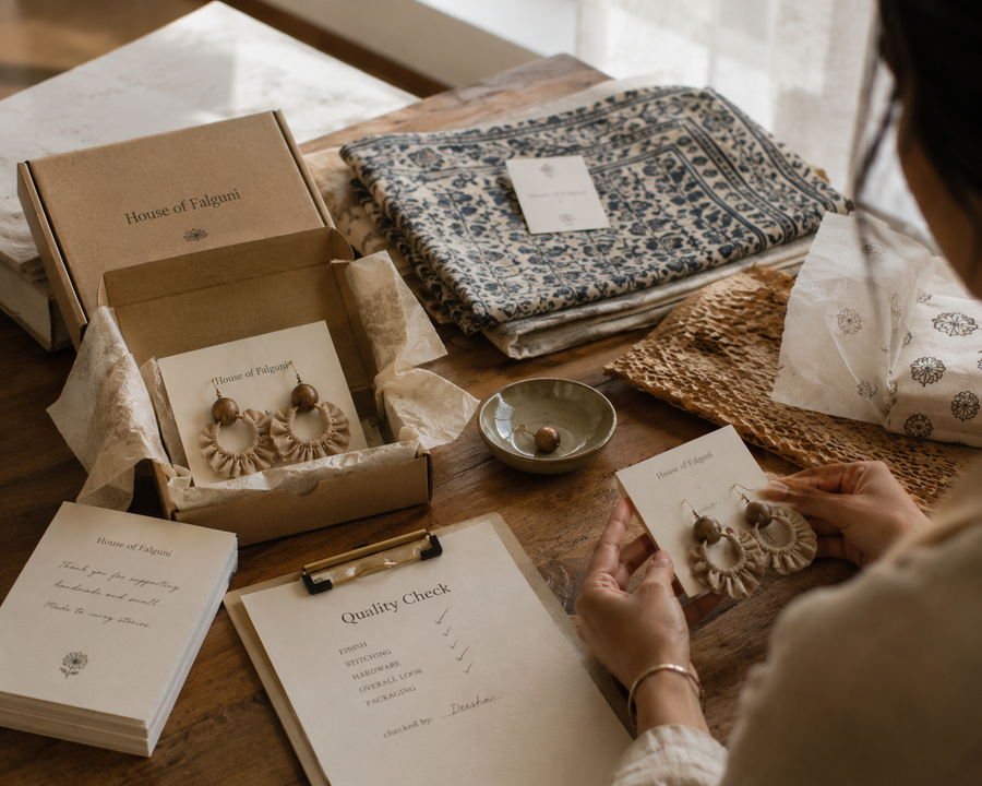House of Falguni wedding return-gift packaging and quality check — earrings, an Ajrakh stole and a thank-you card laid out with a signed quality-check checklist