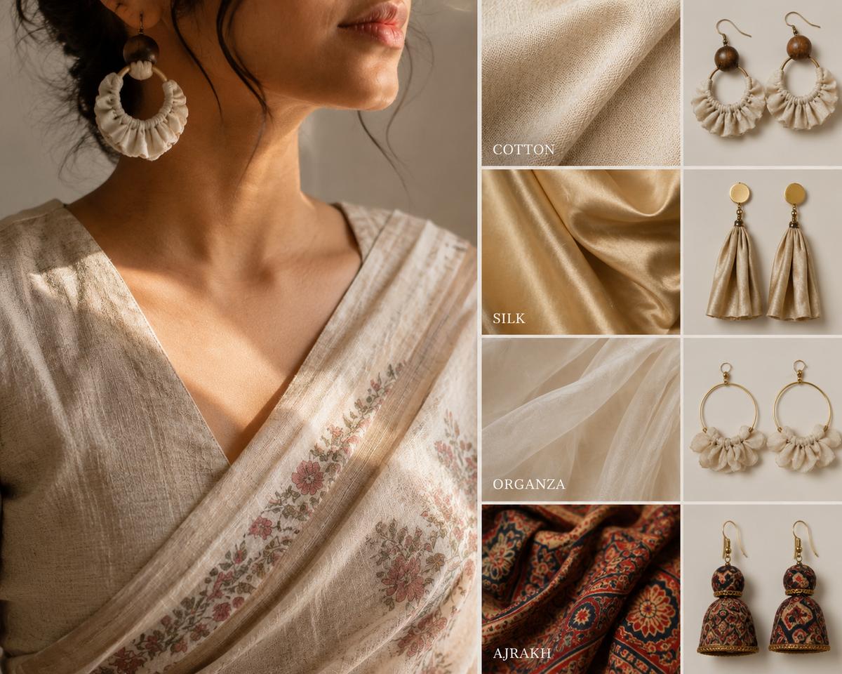 Fabric drop earrings matched to saree fabric — cotton, silk, organza and Ajrakh swatches beside four House of Falguni earring styles, worn with a cream saree