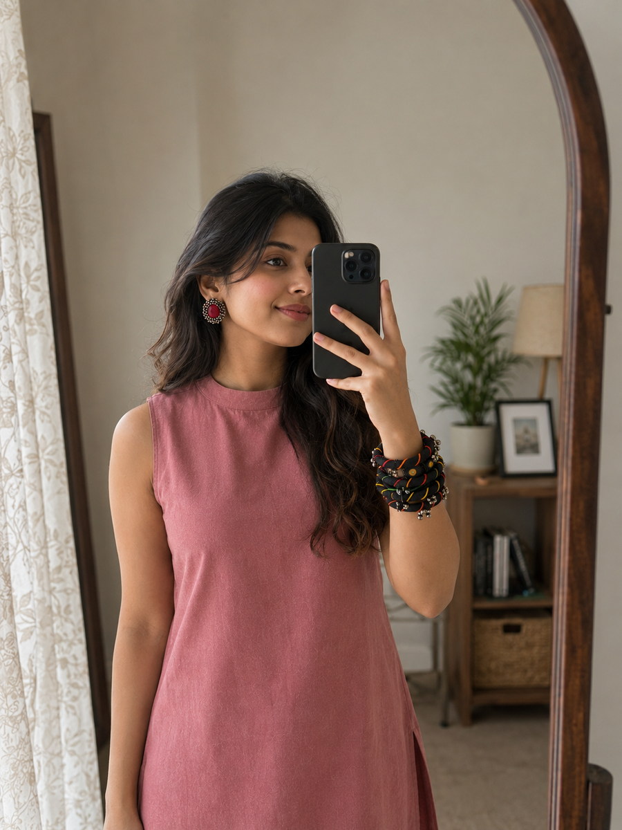 Handmade Indian accessories styled with an ethnic outfit — handcrafted earrings, bangles and block-print stole by House of Falguni