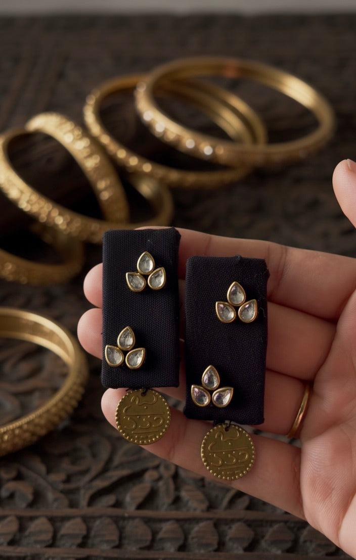 Handcrafted fabric earrings for Navratri - House of Falguni Kundan Katha Earrings