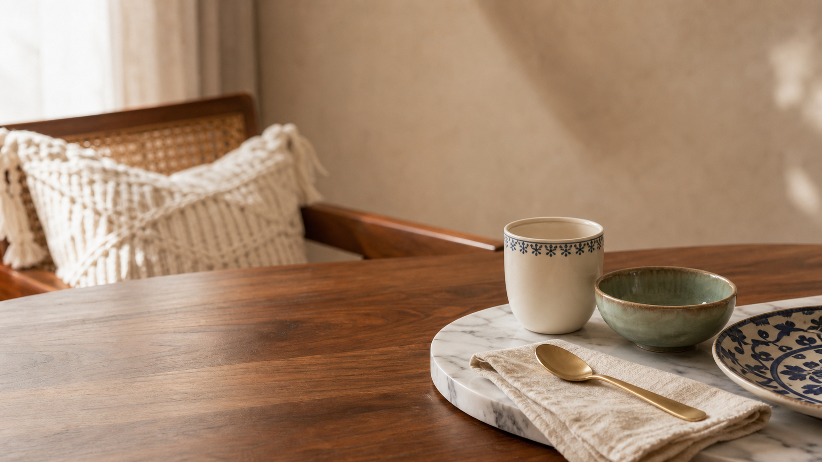 A hand-painted ceramic cup with indigo border, sage green bowl and gold spoon on a white marble tray, on a wooden table beside a macramé cushion