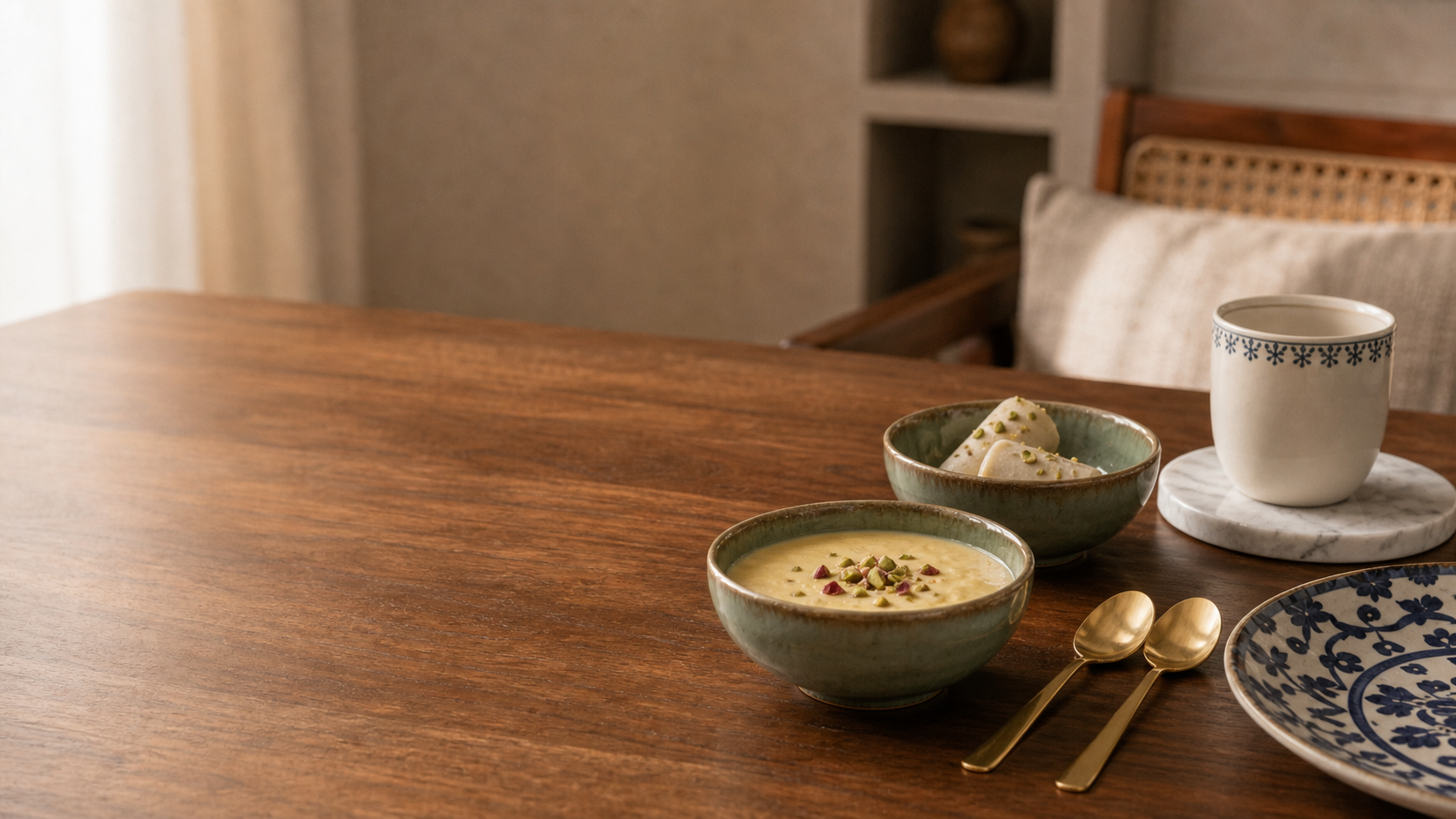 An Indian dessert table with kheer garnished with pistachio in sage green ceramic bowls, gold dessert spoons and a hand-painted blue and white plate