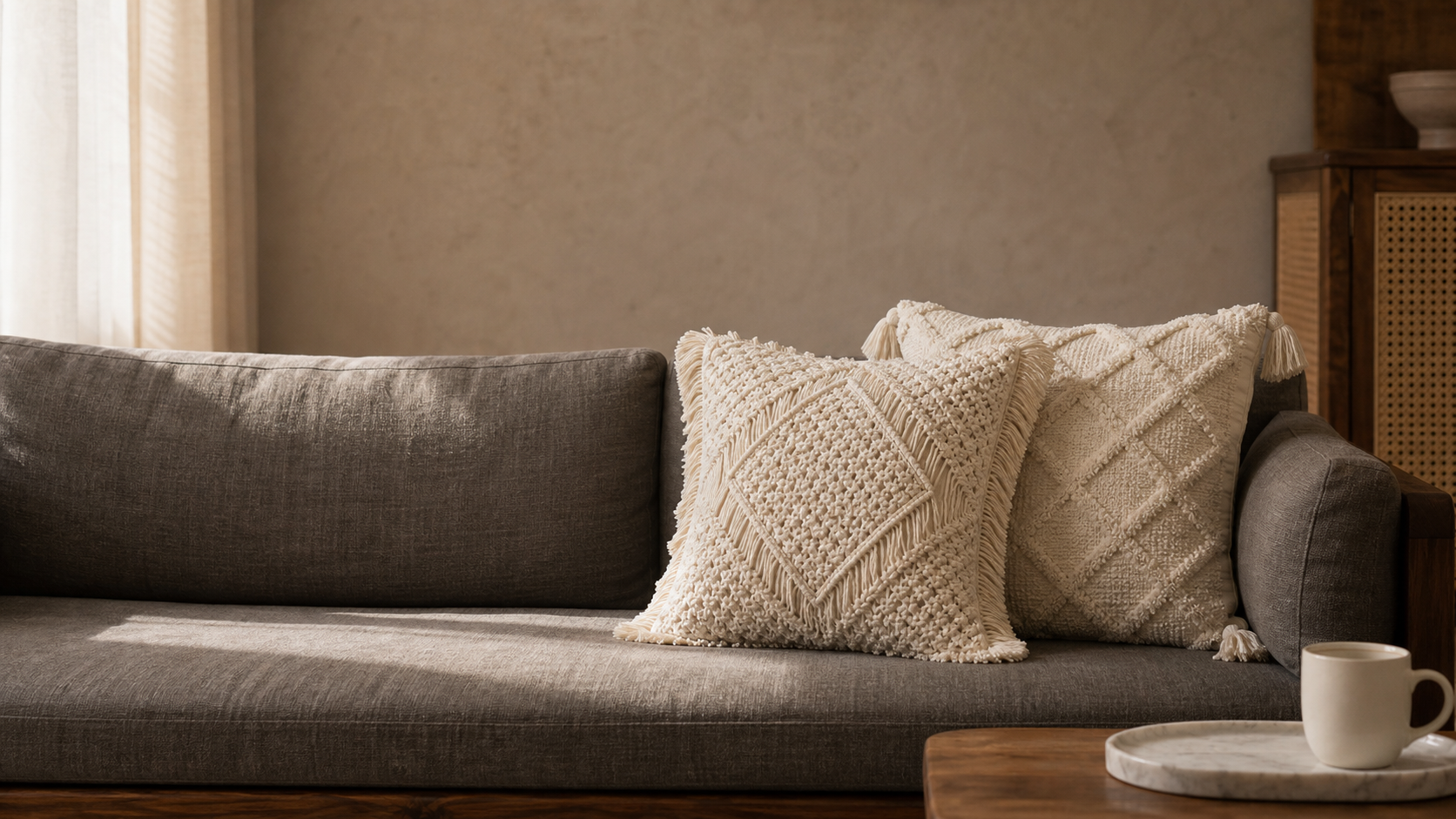 Ivory macramé and tufted cushion covers styled on a grey linen sofa beside a cane cabinet