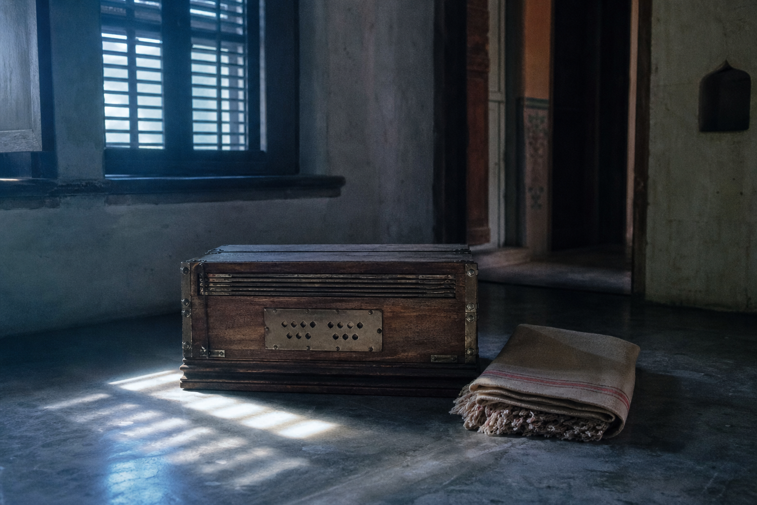 A wooden harmonium and a folded cotton shawl on the floor of a quiet Indian room, lit by louvred window light