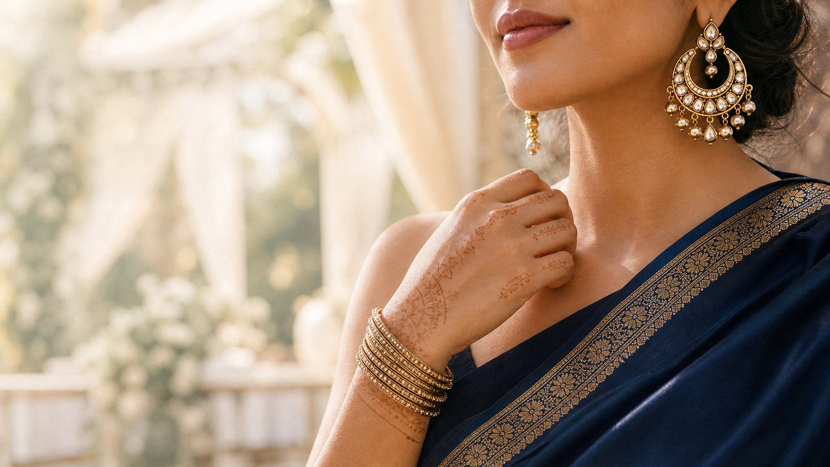 A woman in a navy blue silk sari with a gold zari border, wearing kundan chandbali earrings and stacked gold bangles at a daytime wedding
