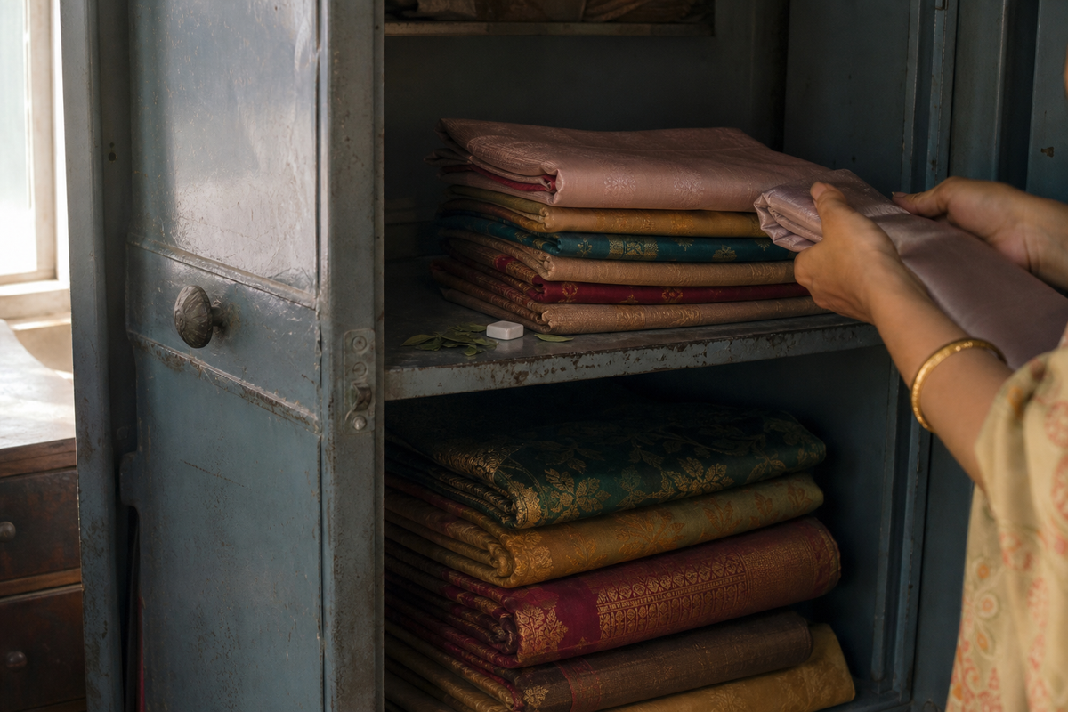 Hands folding a silk sari into a weathered blue-grey wooden cupboard stacked with jewel-toned zari-bordered saris