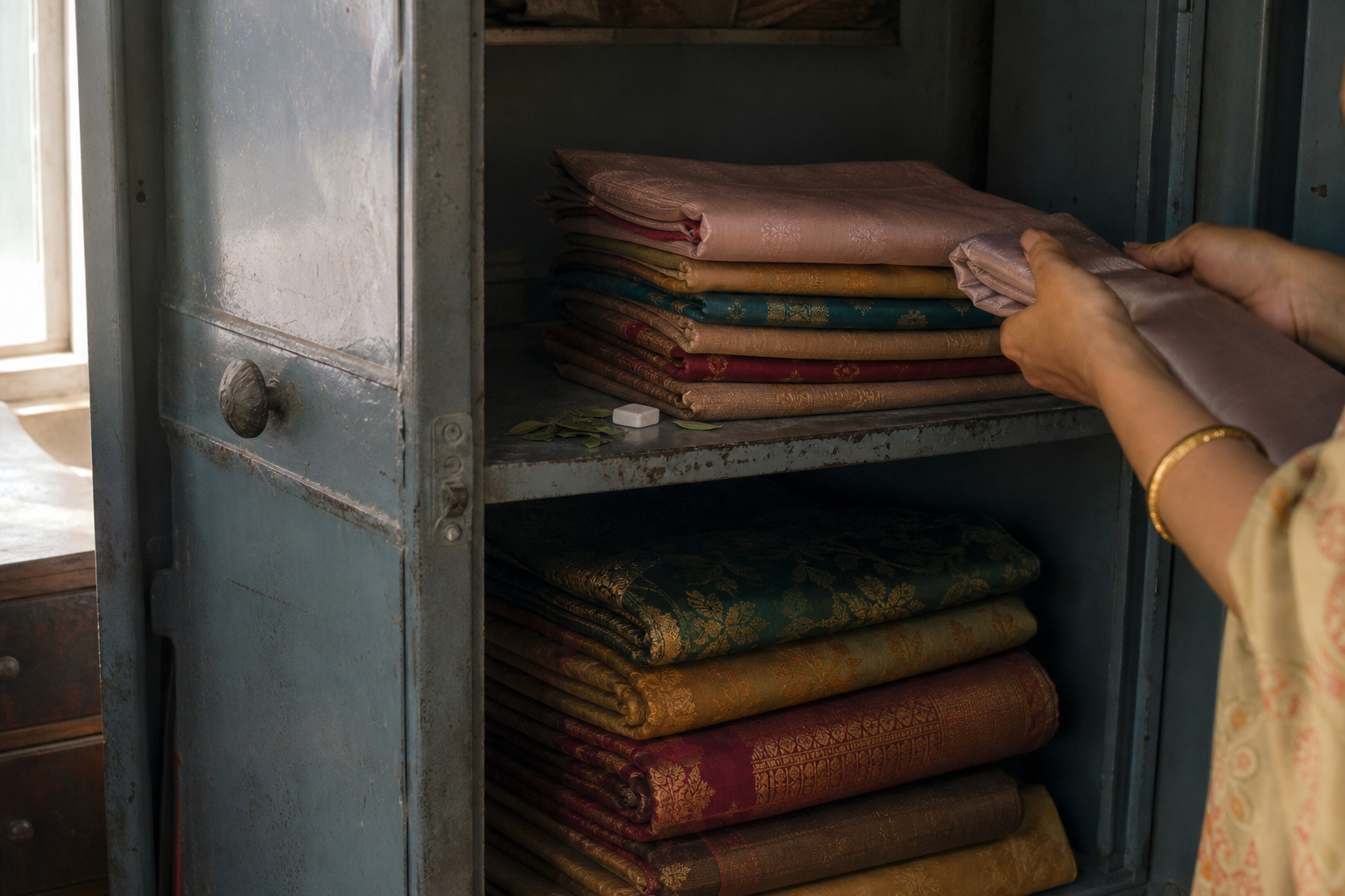 Hands folding a silk sari into a weathered blue-grey wooden cupboard stacked with jewel-toned zari-bordered saris
