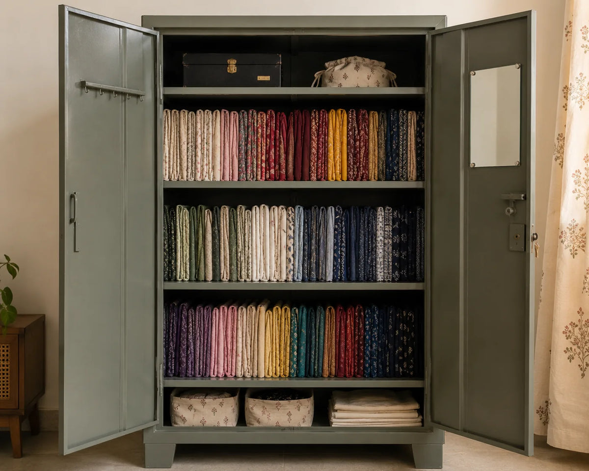 A green steel almirah standing open in an Indian bedroom, its four shelves filled with block-printed kurtis file-folded upright in rows of colour, boxes on the top shelf and fabric baskets below
