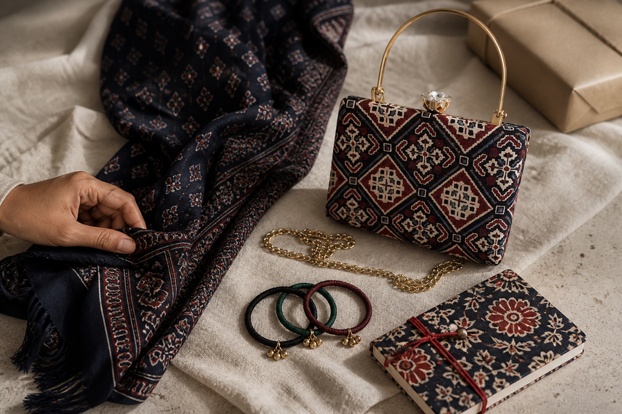 Ajrakh stole, bangles, an embellished clutch and the Katha fabric diary arranged together as a birthday gift edit for a sister
