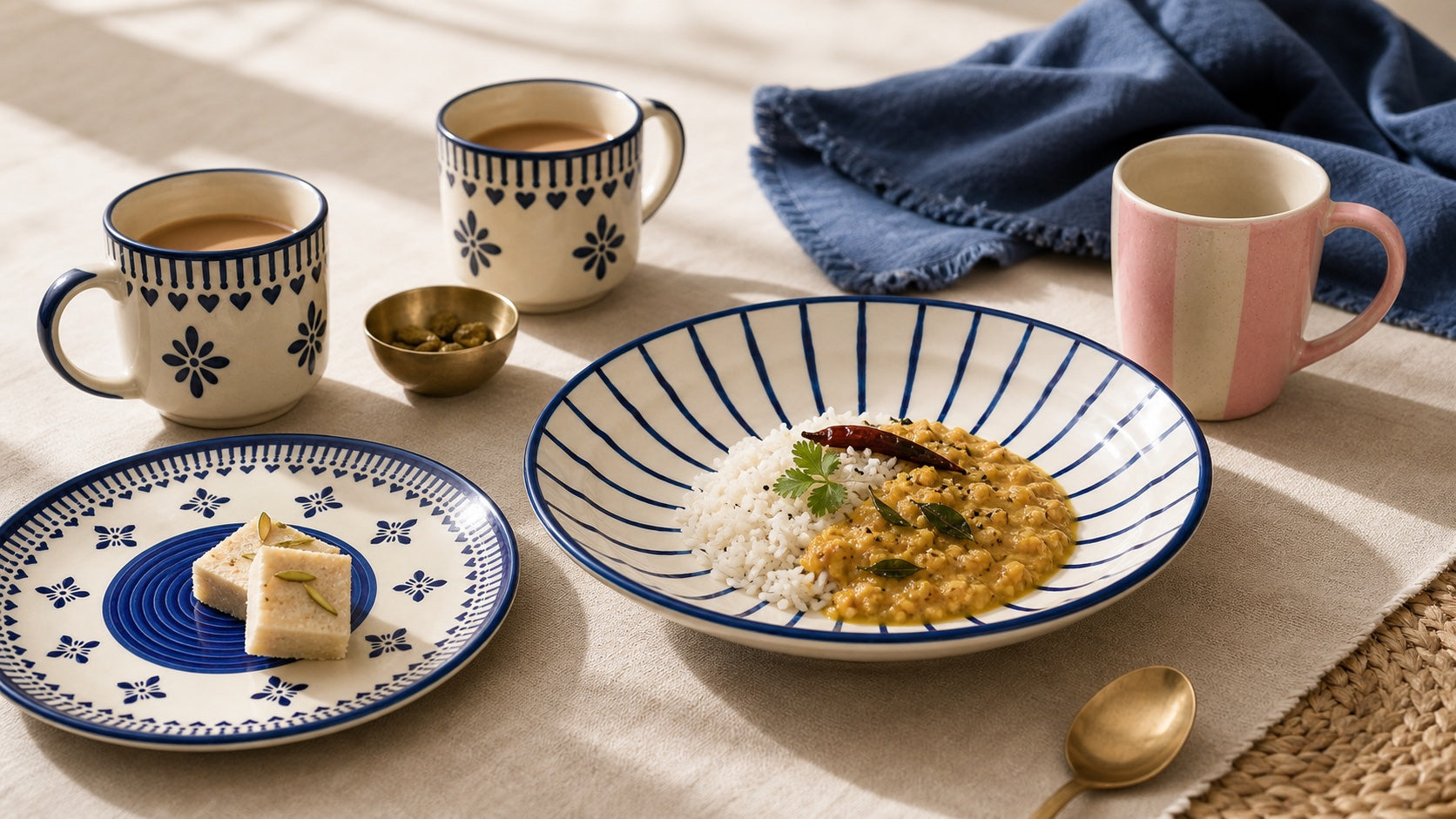 Hand-painted indigo ceramic cups and plates set with dal-chawal and mithai on an Indian table