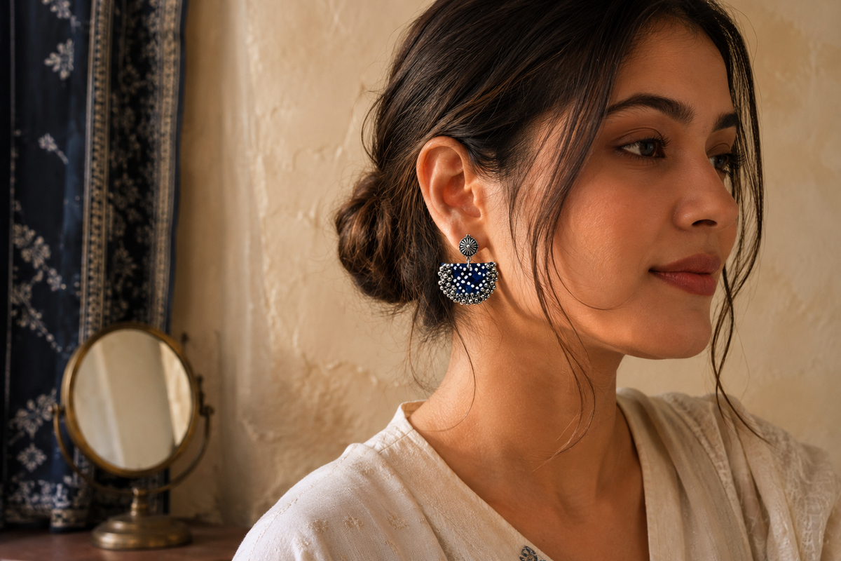HOF blue Chandbali Earrings with textile crescent and ghungroo detail