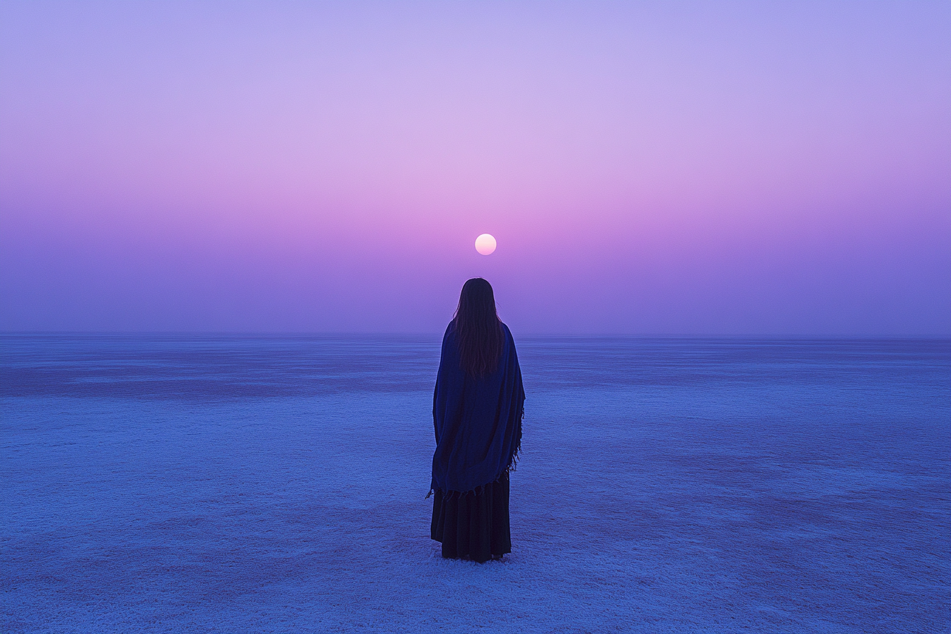 A lone figure in a handwoven indigo shawl standing on the white salt flats of the Rann of Kutch beneath a violet dusk sky and full moon