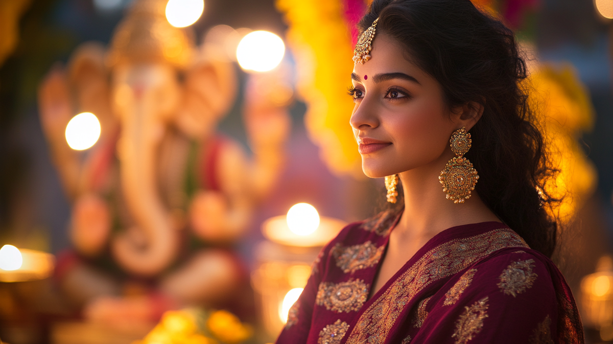 Young Indian woman in a maroon ikat kurta and handcrafted earrings for a Navratri ethnic fusion look