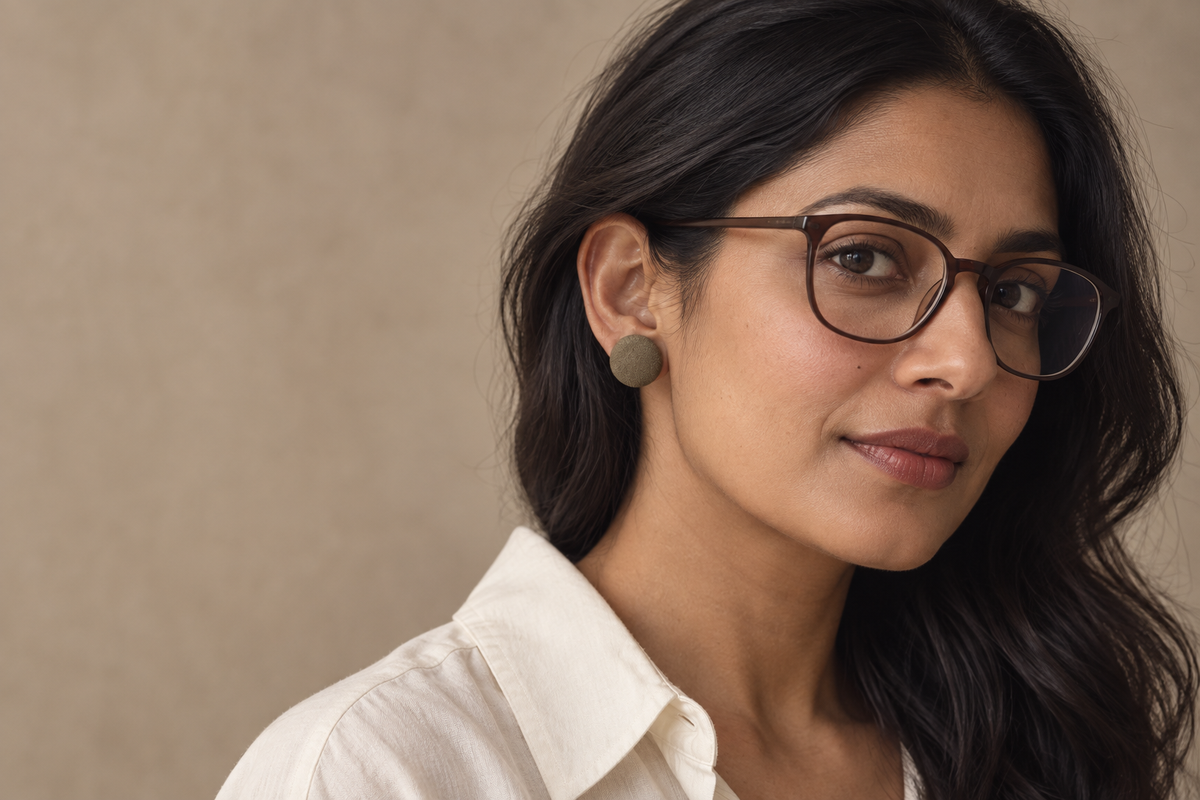 AI styling illustration of brown optical frames paired with round olive fabric studs, based on the Ibrik Accents product image.
