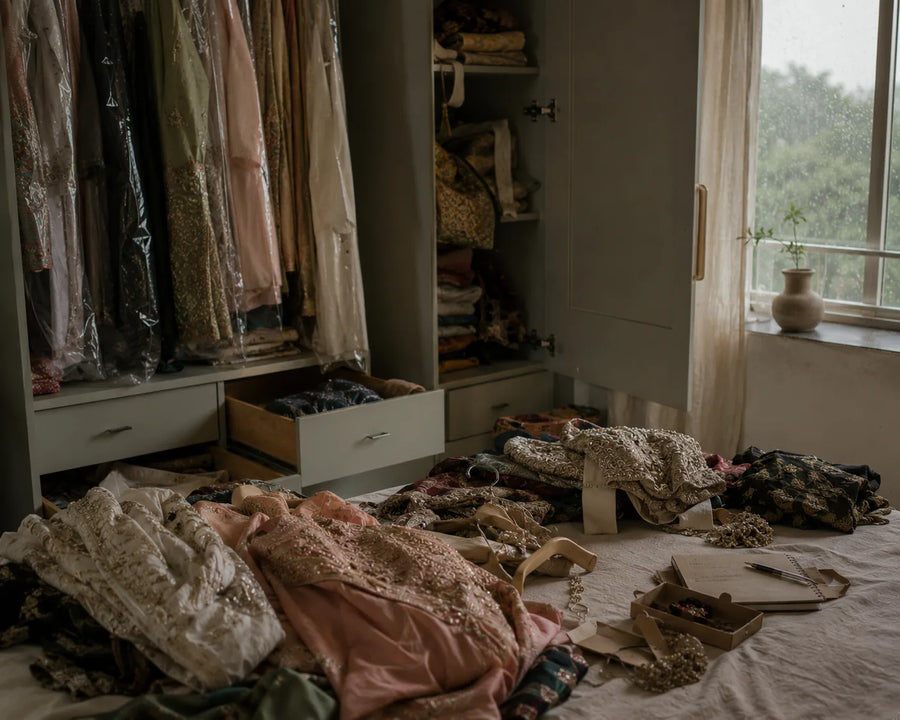 A wardrobe emptied out mid-audit before the rains, with sarees and embroidered pieces spread across the bed and rain visible on the window behind