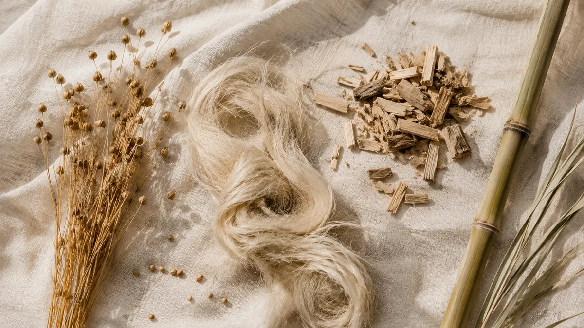 Raw fibre sources laid out on linen: dried flax stalks with seed pods, a hank of combed hemp fibre, wood chips for pulp, and a length of bamboo cane