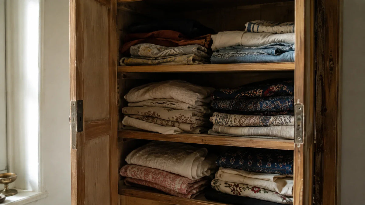 An open wooden cupboard with neatly folded cotton and block-printed clothes on three shelves, lit by daylight from a window