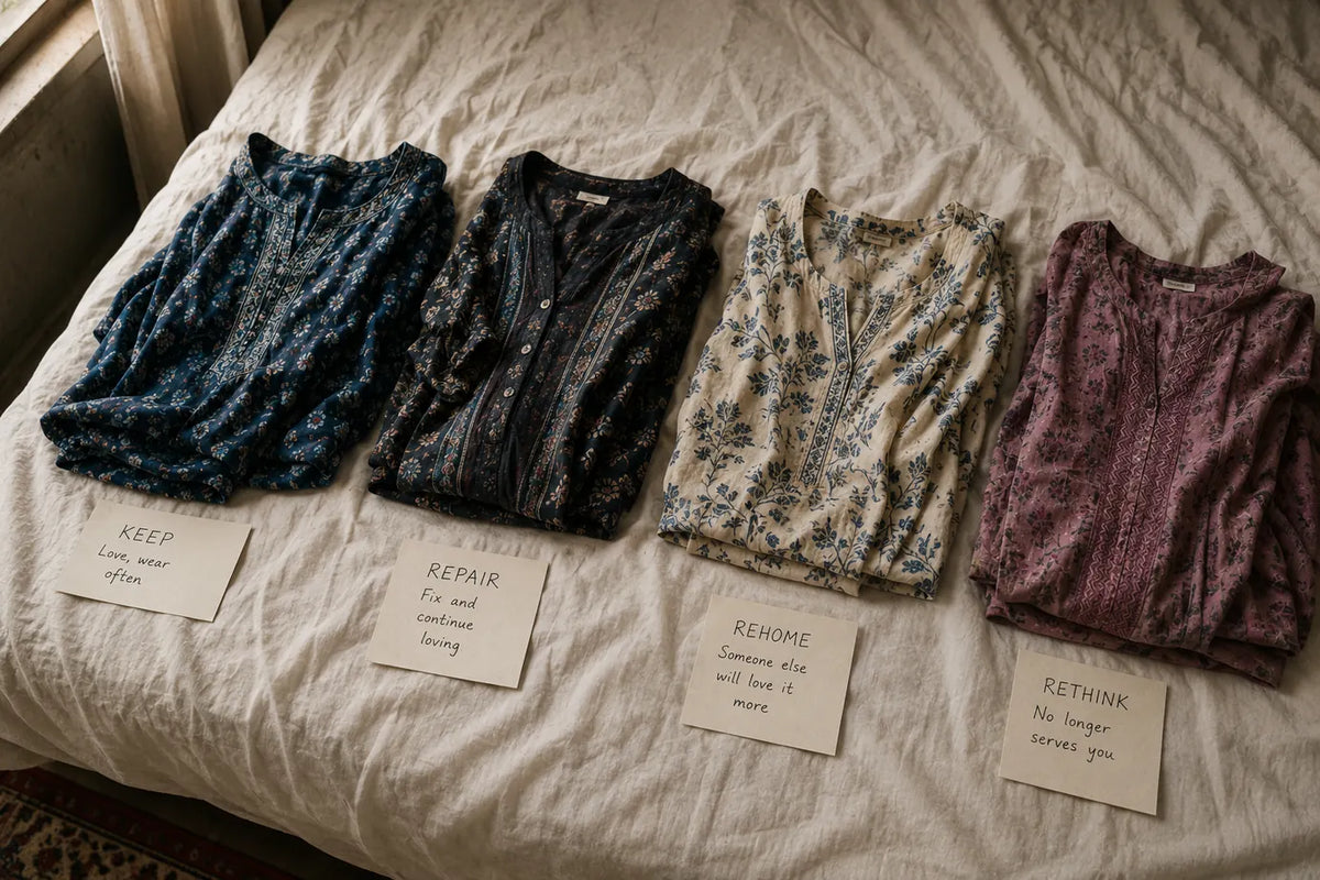 Four folded block-printed kurtis laid on a bed with handwritten cards sorting them into four piles: keep, repair, rehome and rethink