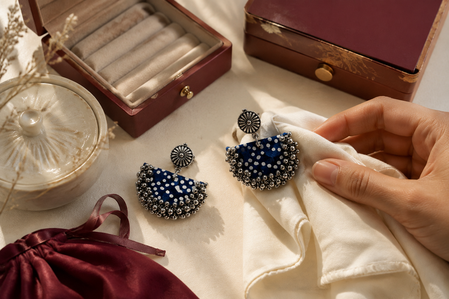 HOF blue Chandbali Earrings being gently wiped and stored in a lined jewellery box