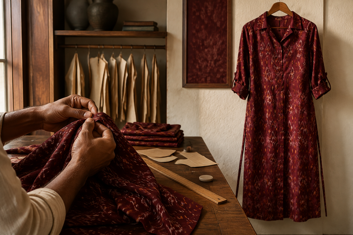 Artisan hand-finishing HOF Ruby Raga ikat fabric beside the completed kurta
