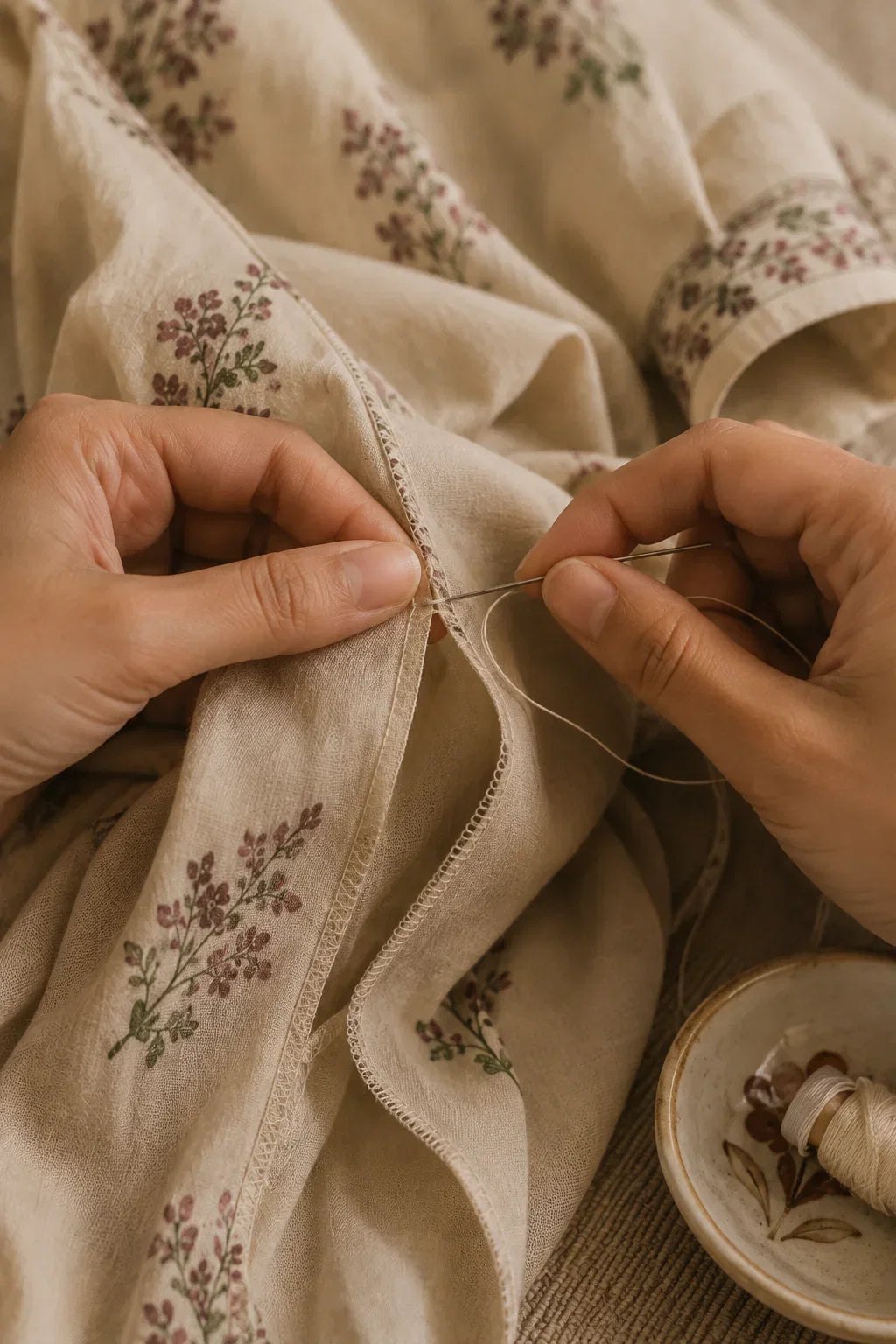 Two hands mending a seam on a block-printed cotton kurta with a needle and matching thread, a spool resting in a small ceramic dish alongside