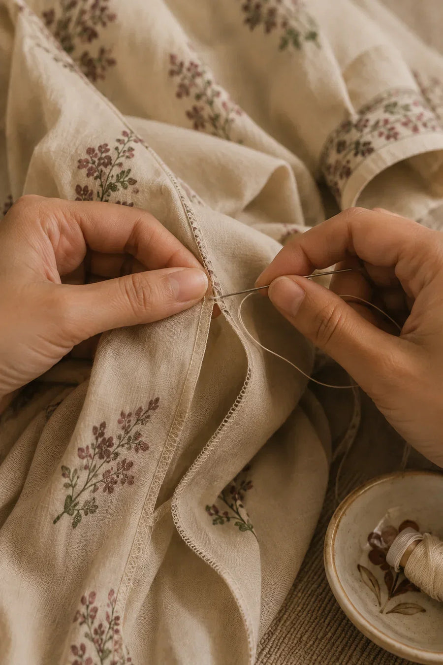 Two hands mending a seam on a block-printed cotton kurta with a needle and matching thread, a spool resting in a small ceramic dish alongside