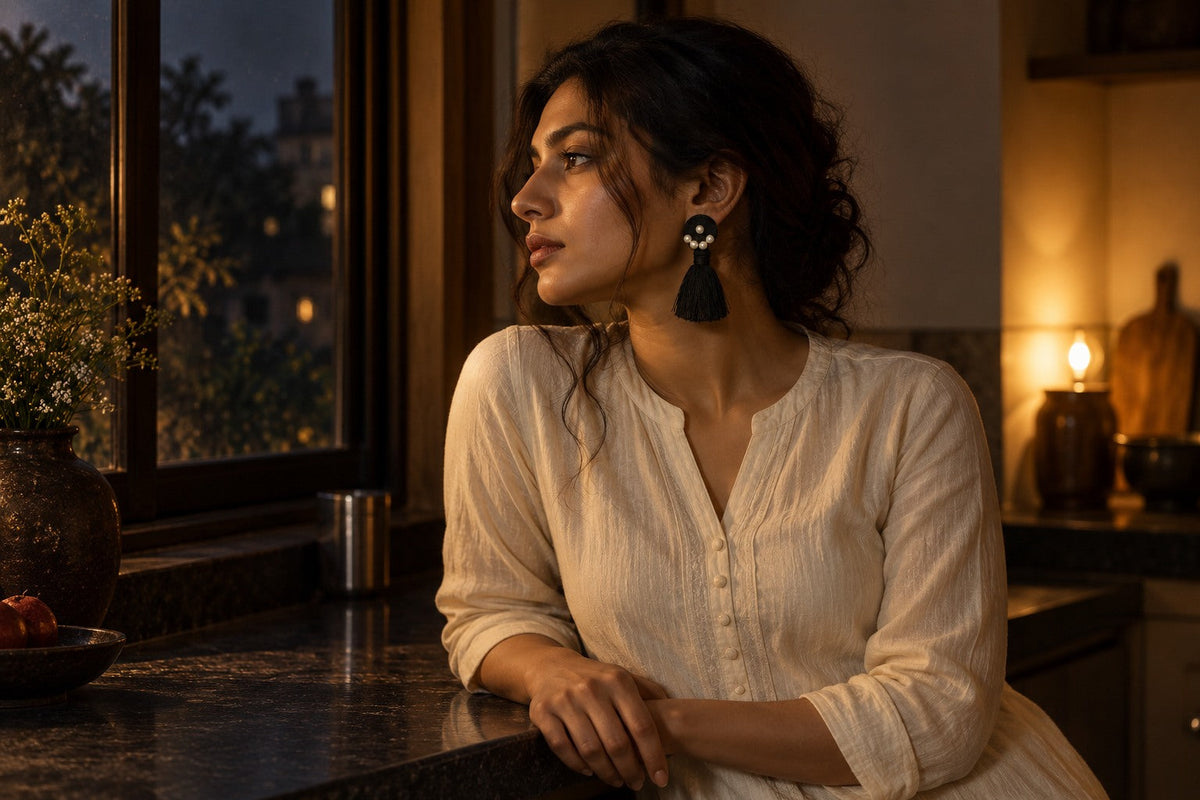 AI-generated editorial: a woman in an ivory kurta wearing Black Bloom pearl and tassel earrings beside a kitchen window after dark.