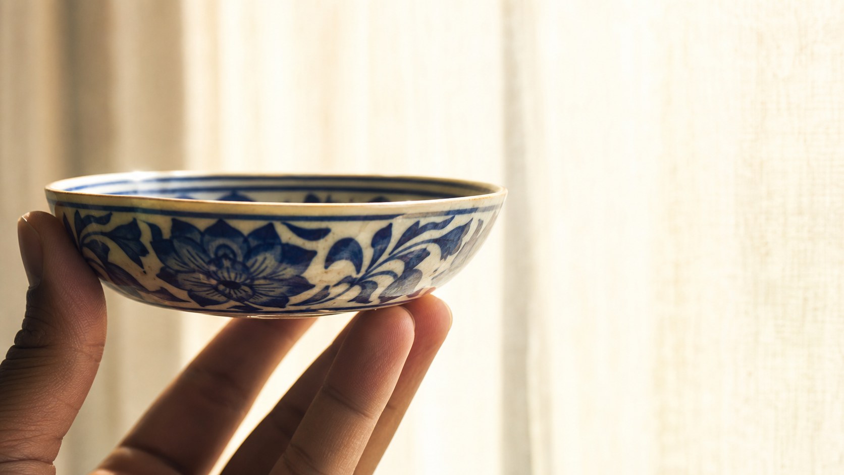 Blue pottery bowl held to window light, rim glowing faintly translucent — how to identify Jaipur blue pottery, House of Falguni