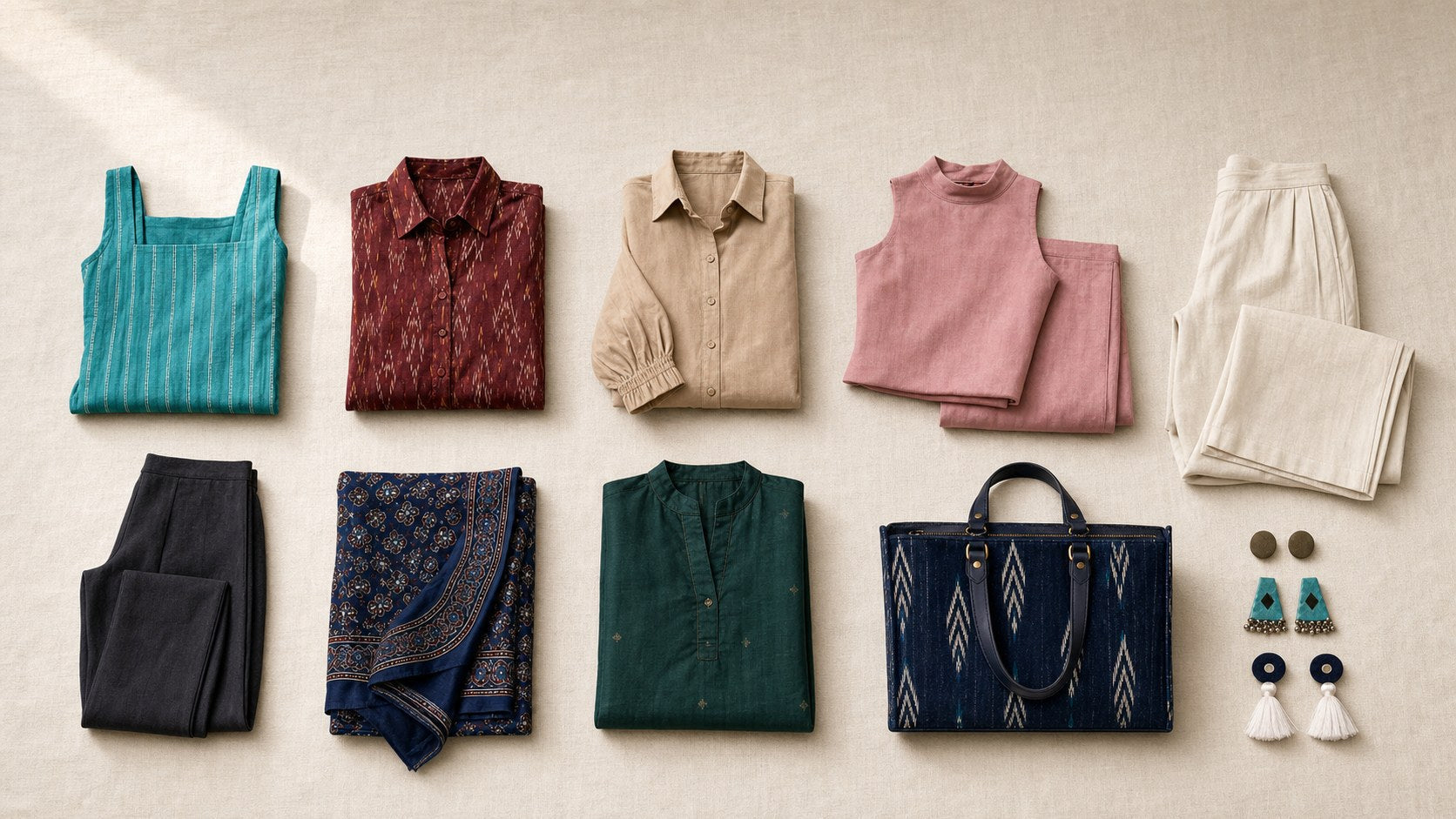 Ten-piece capsule ethnic wardrobe flat lay with kurtas, trousers, an Ajrakh stole, an ikat tote and three pairs of earrings — House of Falguni