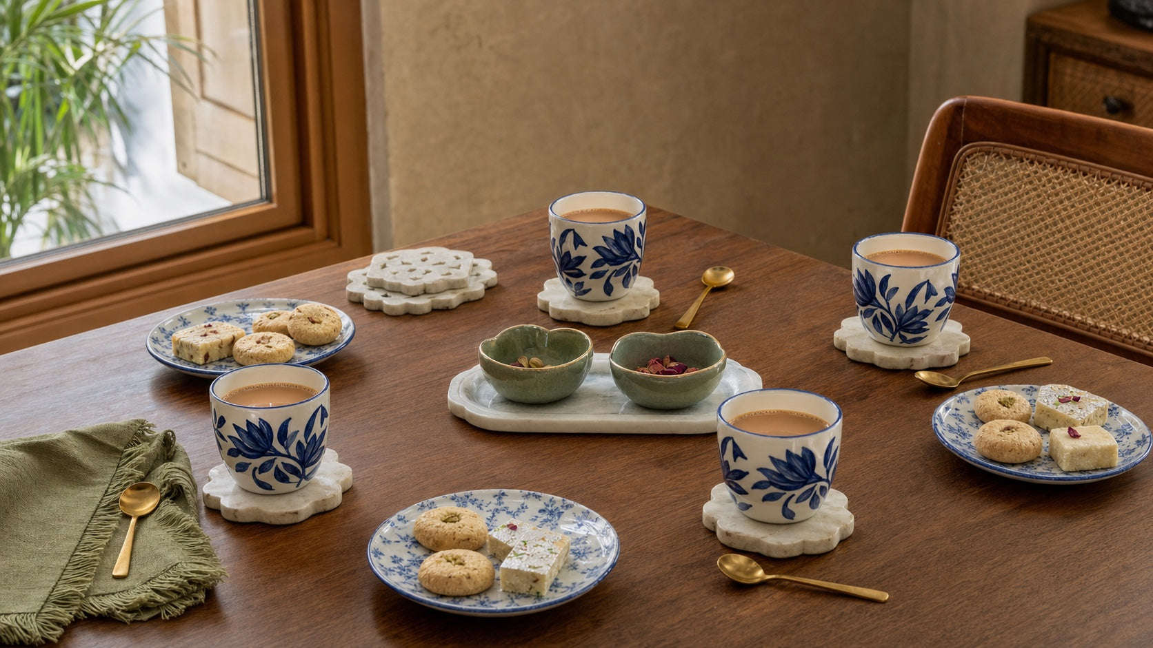 An Indian chai table set for four with hand-painted blue ceramic cups, quarter plates, mithai, marble coasters and gold-tone teaspoons on warm wood