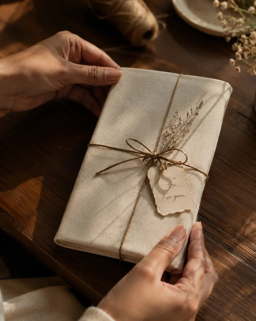 Hands holding a diary wrapped in ivory cloth, tied with twine with a dried sprig and a handwritten For you tag, is a diary a good gift, House of Falguni